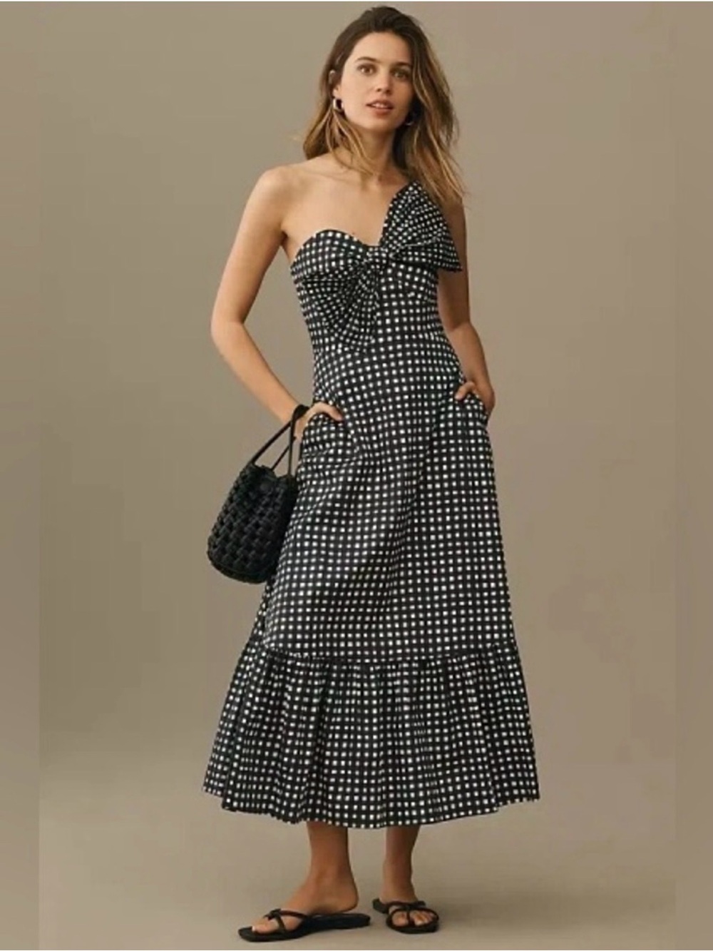 Hutch Strapless Black & White Gingham Midi Wedding Guest Dress with Bow